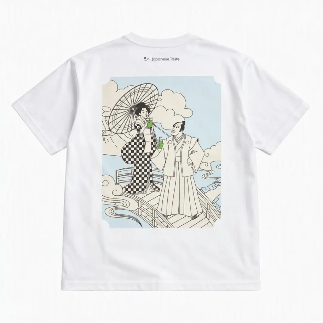 J Taste T-Shirt Geisha & Samouraï Sirotant Matcha Blanc