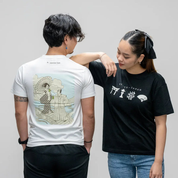 J Taste T-Shirt Geisha & Samouraï Sirotant Matcha Blanc