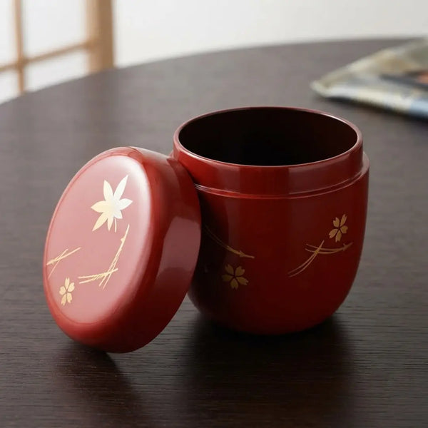 Natsume Lacquered Tea Caddy Canister Maple & Sakura Vermilion Red