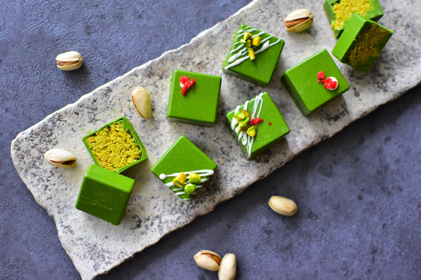 Homemade Matcha Dubai Chocolate with crispy kataifi and pistachio filling