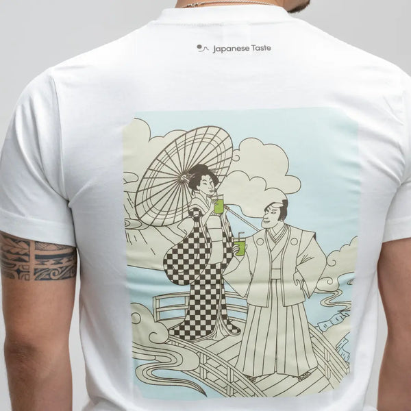 J Taste T-Shirt Geisha & Samouraï Sirotant Matcha Blanc