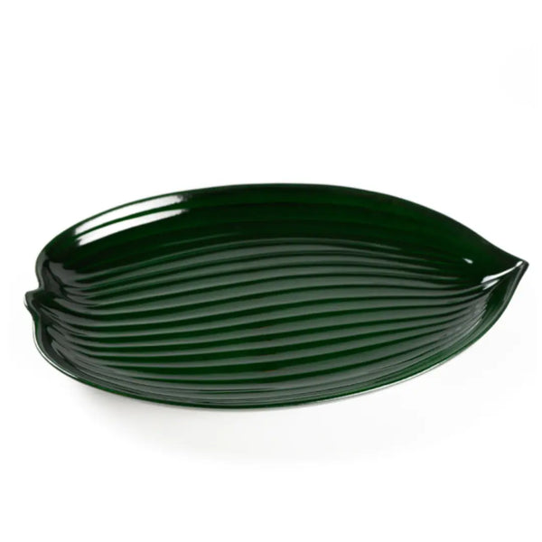 Lacquered Serving Dish Sushi Plate Bamboo Leaf Design Green