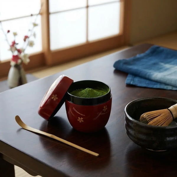 Natsume Lacquered Tea Caddy Canister Maple & Sakura Vermilion Red