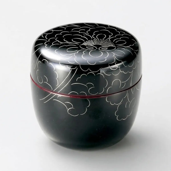Natsume Lacquered Tea Caddy Canister Platinum Peony Design Black